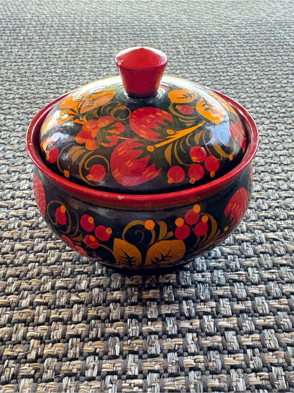 Vintage Traditional Russian Khokhloma Hand Painted Wooden Sugar Bowl Trinket Box